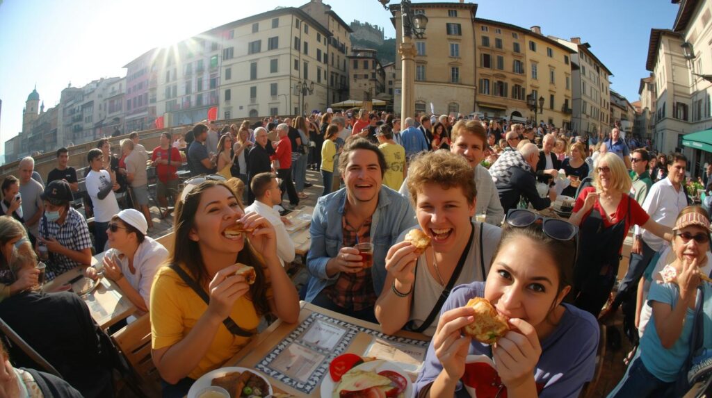 Turisti mangiano cibo da asporto seduti in Piazza Vecchia a Bergamo Città Alta, folla di visitatori sullo sfondo e architettura storica.