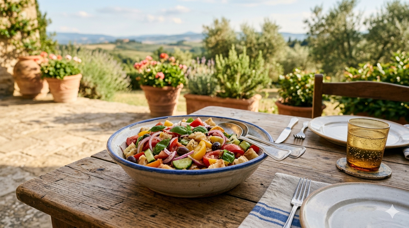 Panzanella con pomodori, cetrioli e cipolla rossa in ciotola rustica su tavolo di legno all'aperto