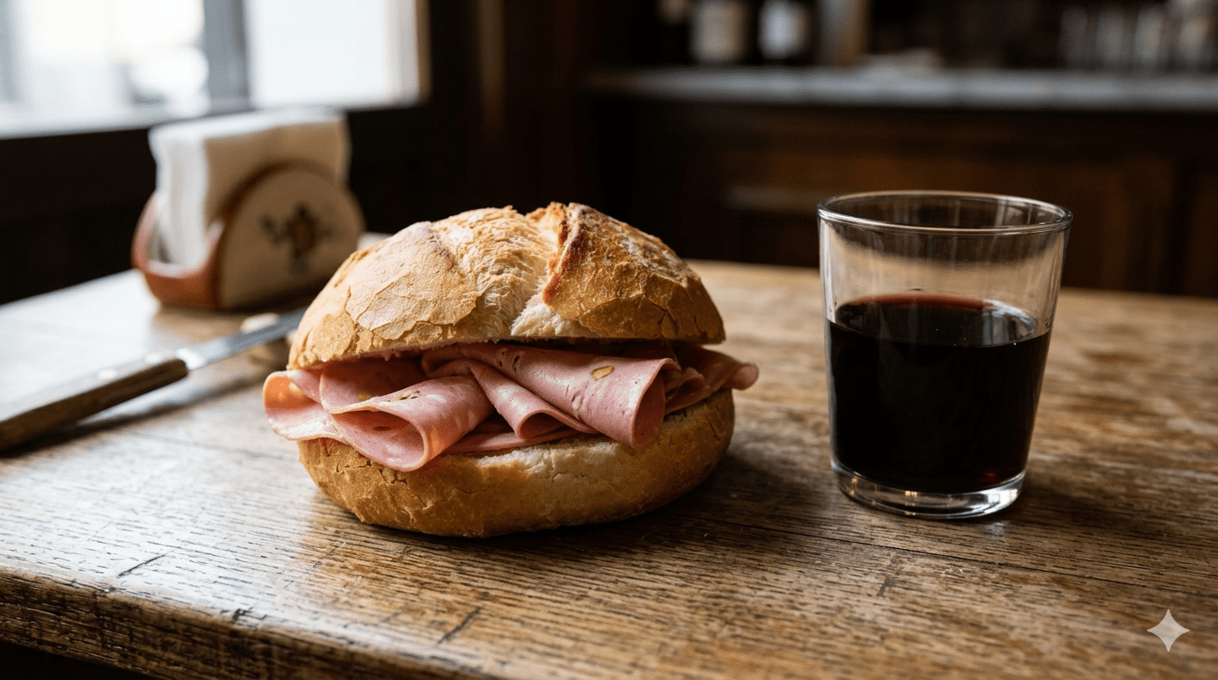 Rosetta con mortadella e bicchiere di vino rosso su tavolo di legno