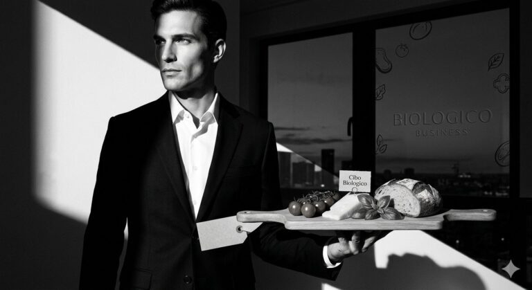 Uomo in abito che serve cibo biologico su tagliere con scritta Biologico Business sullo sfondo