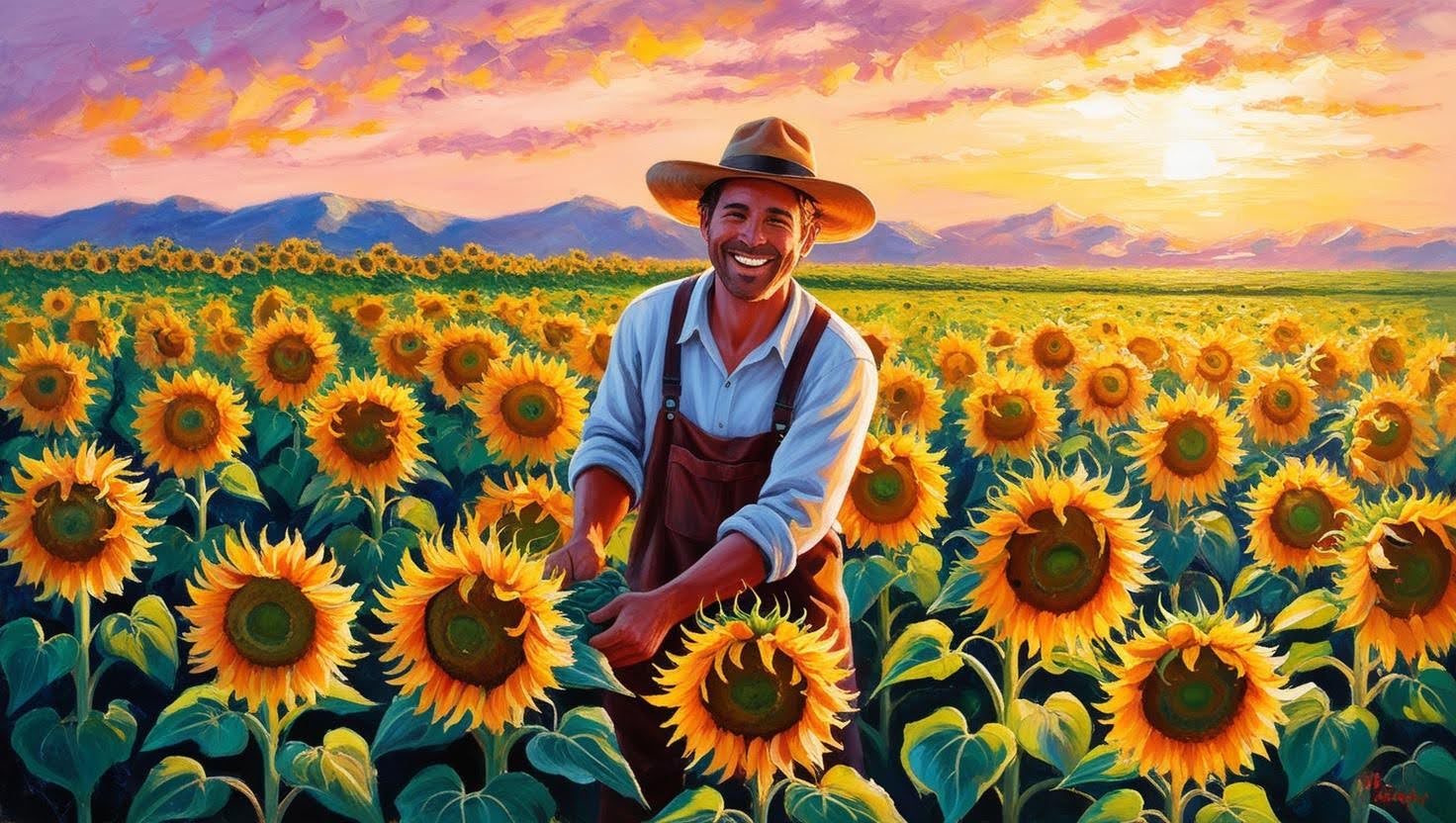 Illustrazione pittorica di un agricoltore sorridente in un campo di girasoli al tramonto