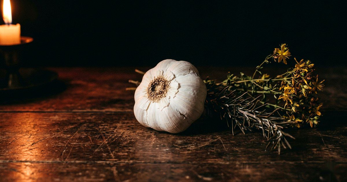 Aglio di San Giovanni accanto a iperico e rosmarino, a lume di candela