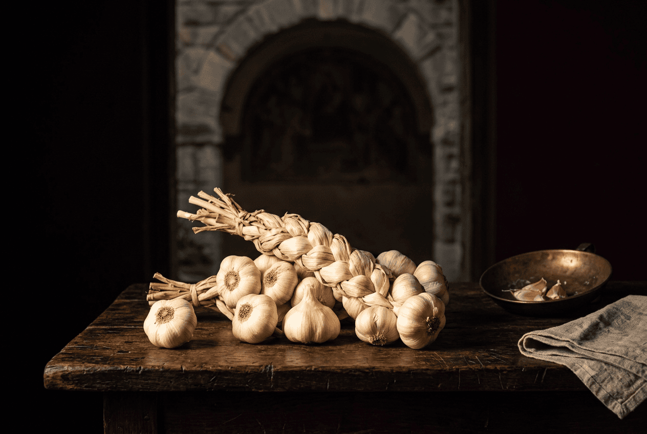 Treccia di aglio di Voghiera DOP e bulbi su legno antico, davanti all'arco affrescato di una delizia estense