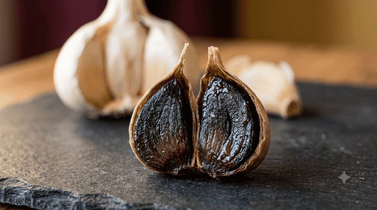 Spicchio di aglio nero tagliato a metà, texture lucida e gelatinosa, con testa d'aglio bianco sullo sfondo