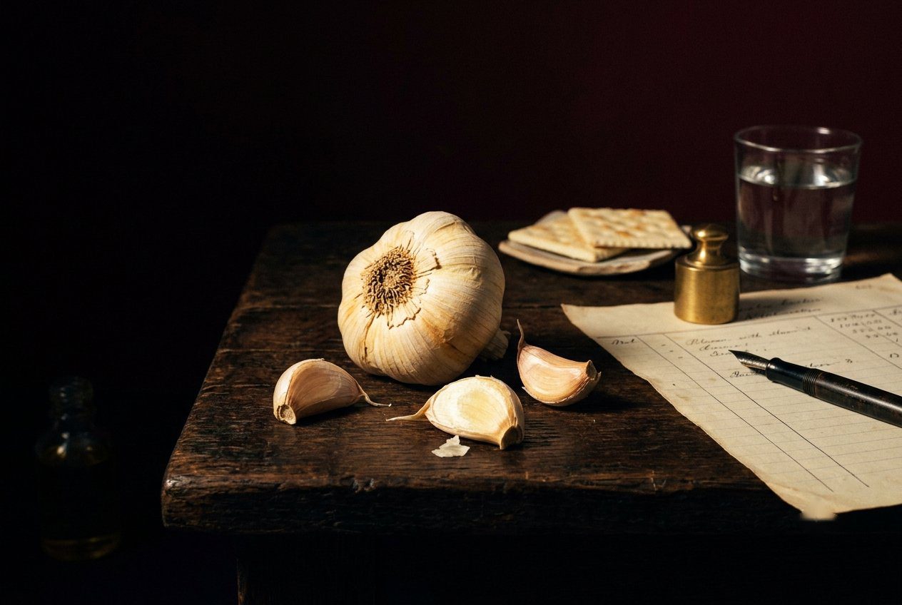 Testa d'aglio e spicchi su legno antico accanto a una scheda di assaggio dell'aglio, con penna, bilancino, acqua e cracker
