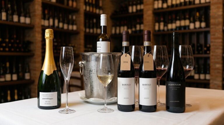 Quattro bottiglie di vino su un tavolo con tovaglia bianca in una cantina: champagne con capsula dorata, vino bianco nel secchiello del ghiaccio, due bottiglie di Barolo con cartellini 2014 e 2016, bottiglia dall'etichetta nera