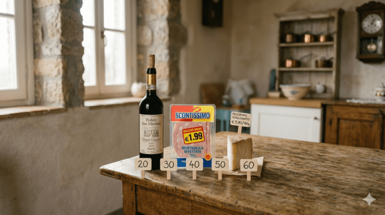 Un Chianti Classico Riserva, una mortadella affettata da discount e un pecorino stagionato affiancati su un tavolo rustico, con i cartellini della scala di valutazione da 20 a 60