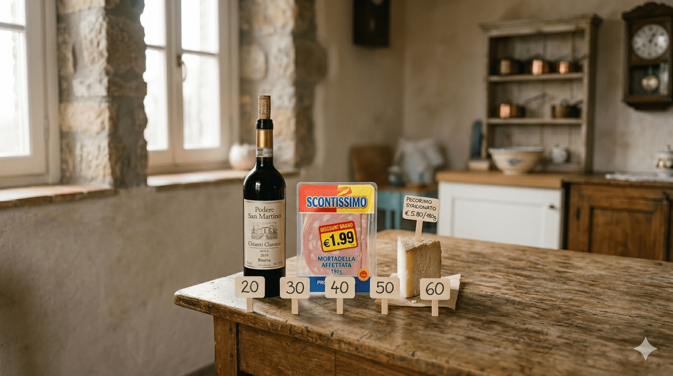 Un Chianti Classico Riserva, una mortadella affettata da discount e un pecorino stagionato affiancati su un tavolo rustico, con i cartellini della scala di valutazione da 20 a 60