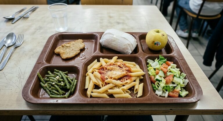 Vassoio di mensa scolastica con pasta, cotoletta, fagiolini, insalata, pane e mela