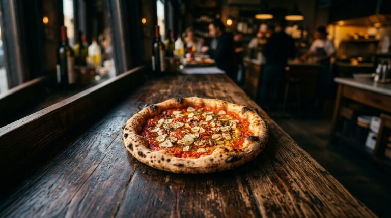 Pizza marinara con aglio a lamelle su tavolo di pizzeria: l'abbinamento vino pizza parte dagli ingredienti dichiarati