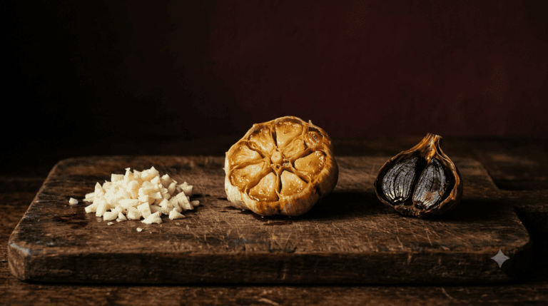 Aglio fresco tritato, aglio arrosto e aglio nero a confronto su tagliere in legno