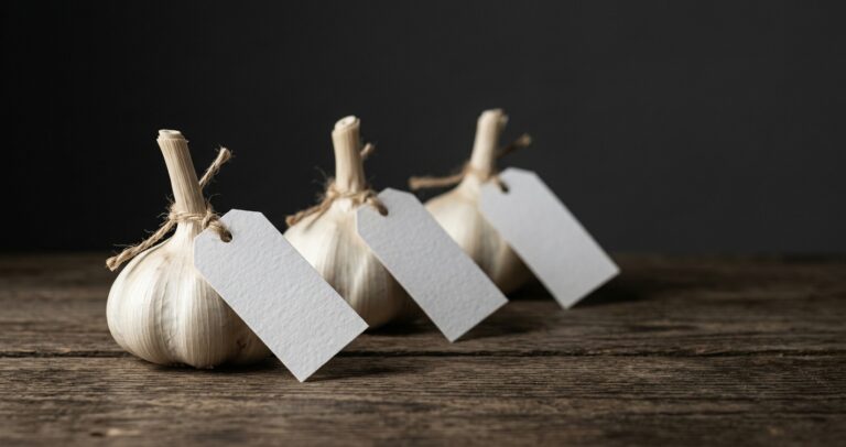 Tre teste d'aglio con cartellino vuoto appeso, senza varietà né provenienza: l'aglio si assaggia sempre alla cieca