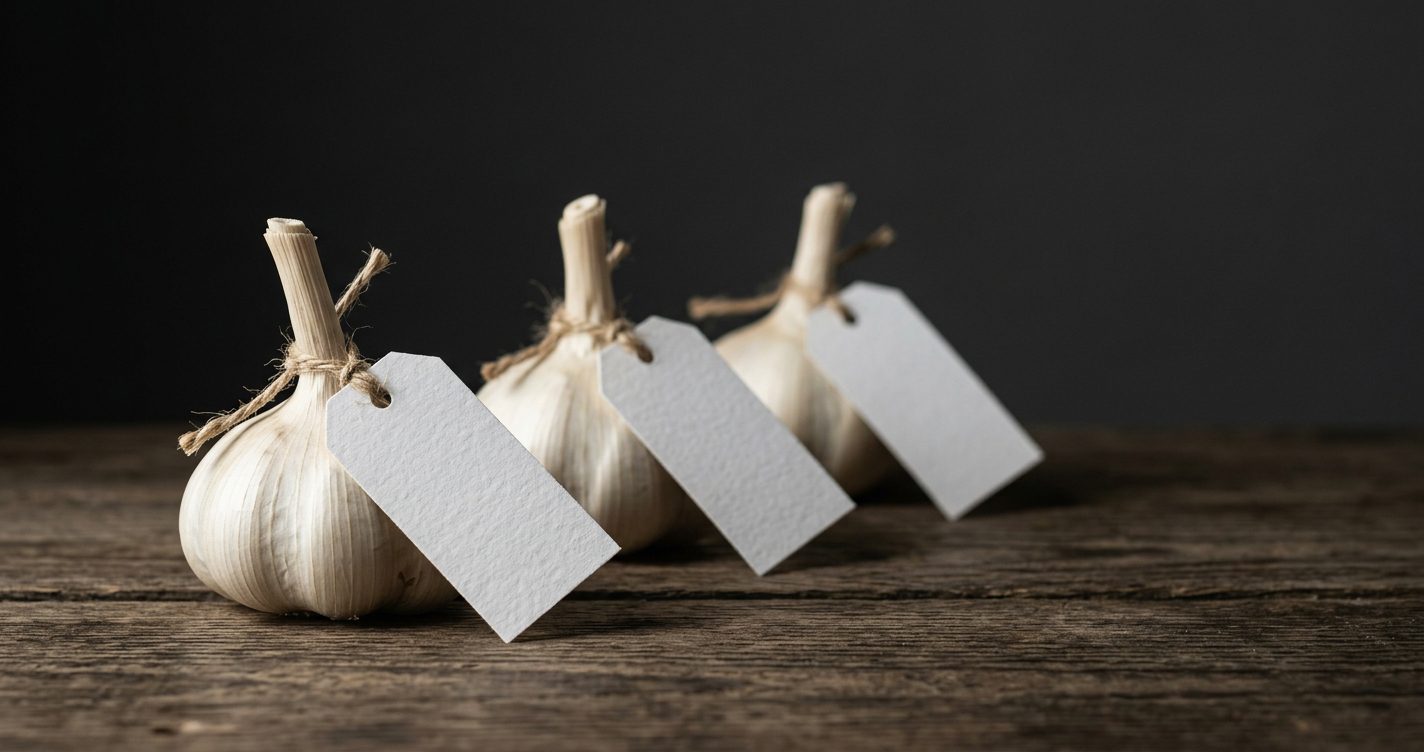 Tre teste d'aglio con cartellino vuoto appeso, senza varietà né provenienza: l'aglio si assaggia sempre alla cieca