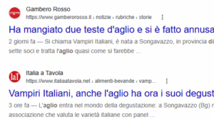 Risultati di ricerca Google con articoli di Gambero Rosso, Dissapore e Italia a Tavola su Vampiri Italiani