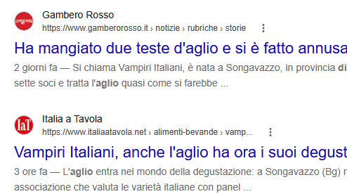 Risultati di ricerca Google con articoli di Gambero Rosso, Dissapore e Italia a Tavola su Vampiri Italiani