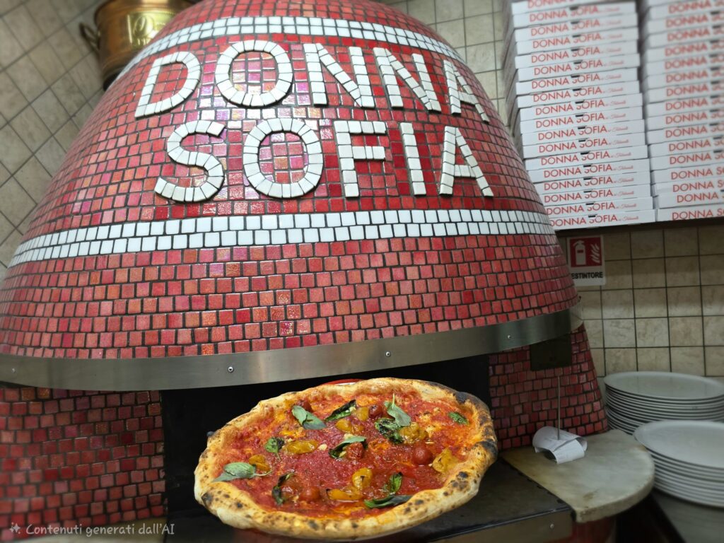 Forno a legna rivestito di mattonelle rosse con la scritta Donna Sofia e, in primo piano, la marinara appena sfornata