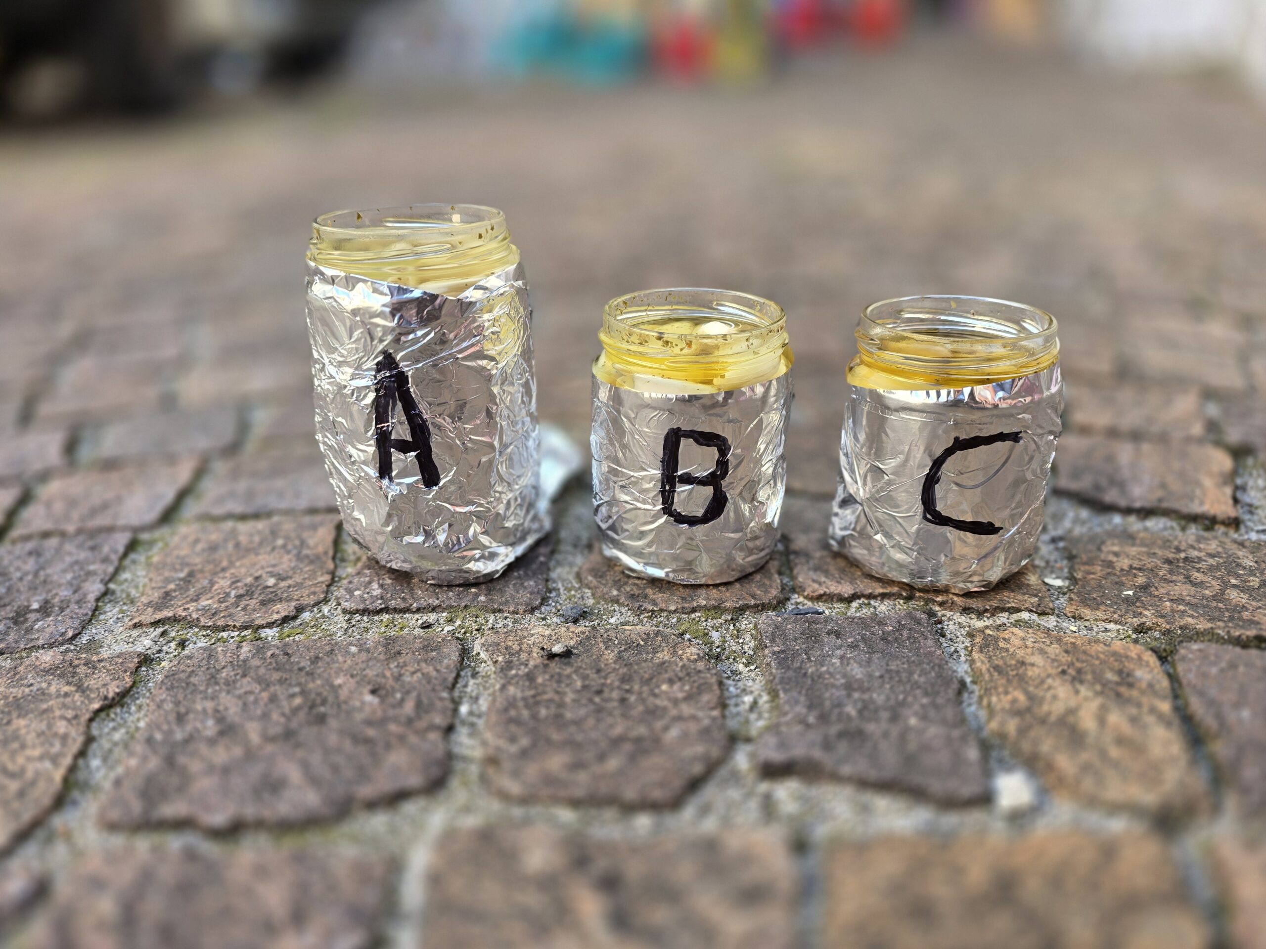 Aglio sott'olio in tre barattoli avvolti nella stagnola, con le lettere A, B e C, per l'assaggio alla cieca